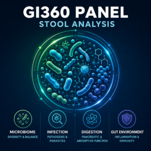 GI360 comprehensive stool test for gut microbiome dysbiosis, parasites, yeast, pancreatic function and intestinal inflammation