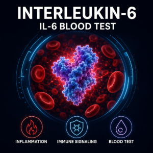 Interleukin-6 blood test for inflammation and immune signaling IL-6 test for chronic inflammation, inflammaging and metabolic stress Interleukin-6 cytokine test for inflammatory and neuroimmune activity IL-6 blood test for inflammation, mitochondrial stress and healthy aging Interleukin-6 test for immune activation and systemic inflammatory signaling