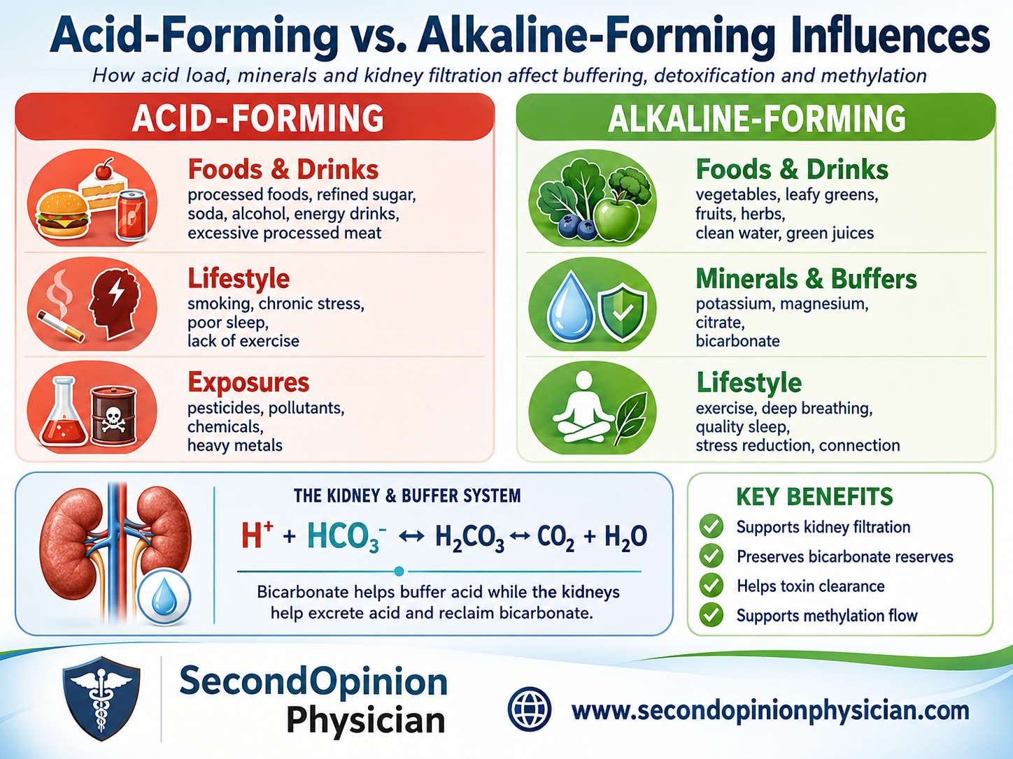 Acid-forming and alkaline-forming influences infographic showing diet, lifestyle, toxins, buffering minerals, kidney filtration and the bicarbonate reaction.