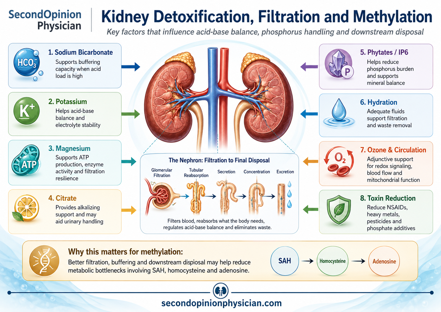 Mechanism of ionic filtration infographic showing sodium, potassium, magnesium, bicarbonate, citrate and phosphate handling in the kidney.
