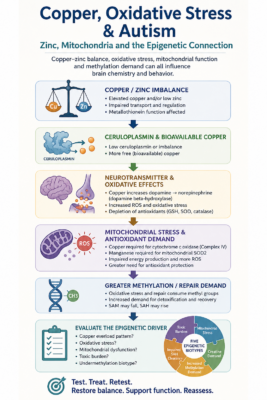 Copper overload and autism infographic showing copper-zinc imbalance, oxidative stress, mitochondrial dysfunction, methylation demand and Five Epigenetic Biotypes