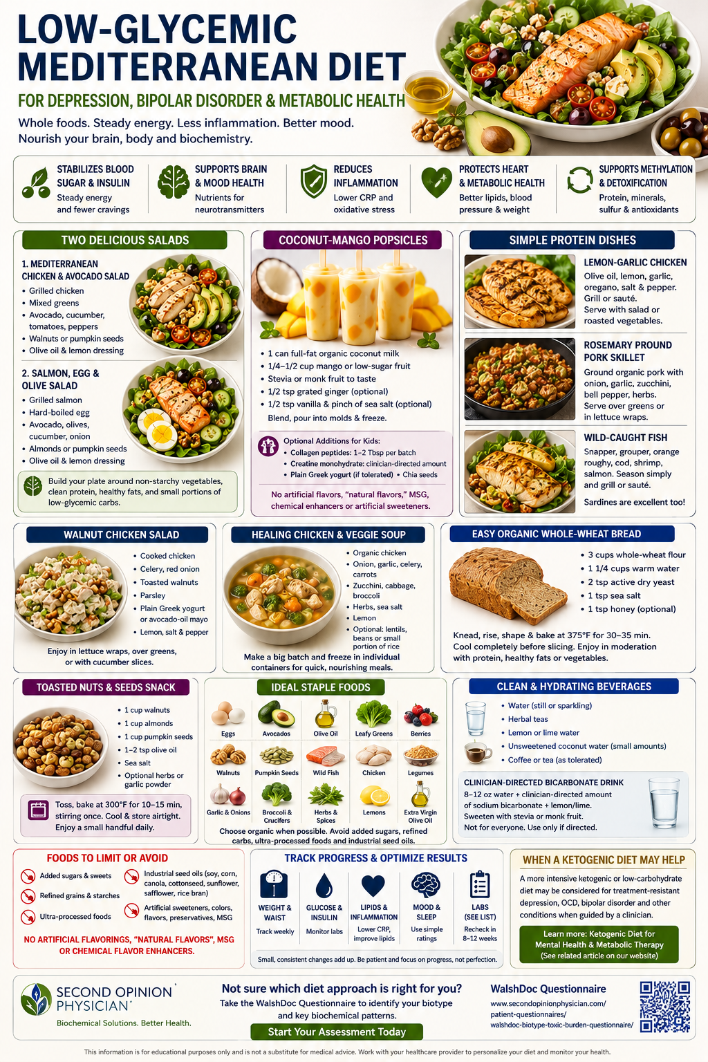 Low-glycemic Mediterranean diet plate with vegetables, protein, olive oil, legumes and whole-food carbohydrates