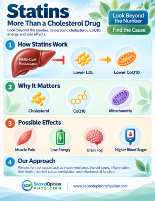 Statins and cholesterol illustration highlighting CoQ10, muscle symptoms, mitochondrial energy and metabolic risk