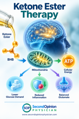 Ketone ester therapy showing BHB, mitochondria, ATP, inflammation, glucose metabolism and brain function