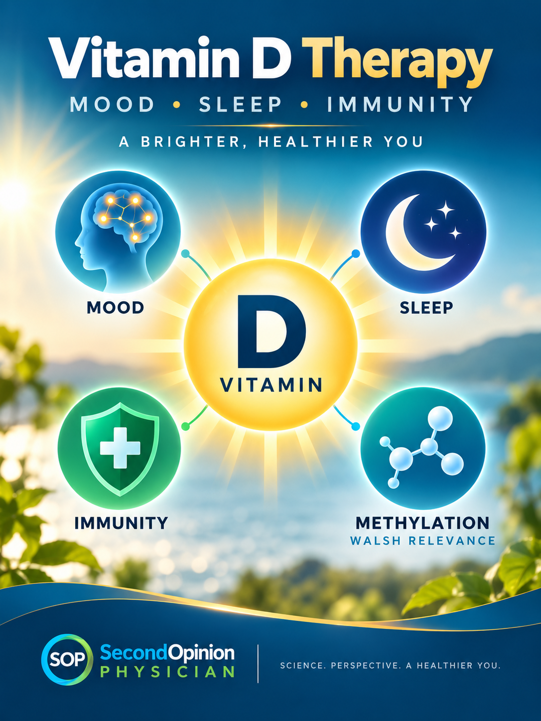 Vitamin D pathway showing vitamin D3, calcifediol, calcitriol, vitamin D receptor and immune and brain effects