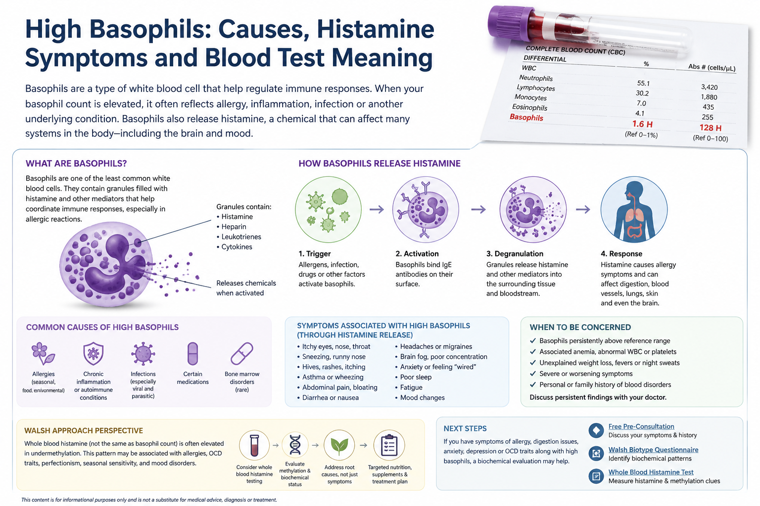 Basophil releasing histamine and the difference between a CBC basophil result and whole-blood histamine testing