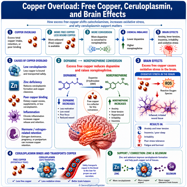 Copper overload and brain function infographic showing copper, ceruloplasmin, zinc, dopamine, norepinephrine and oxidative stress.