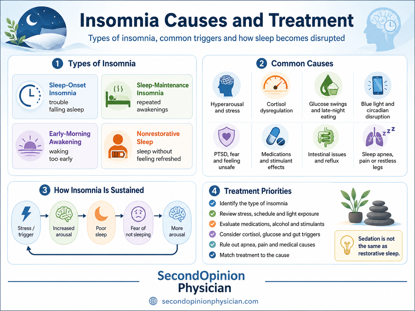 Insomnia causes and treatment infographic showing types of insomnia, hyperarousal, cortisol, glucose dysregulation, blue light, PTSD, medications and intestinal causes.
