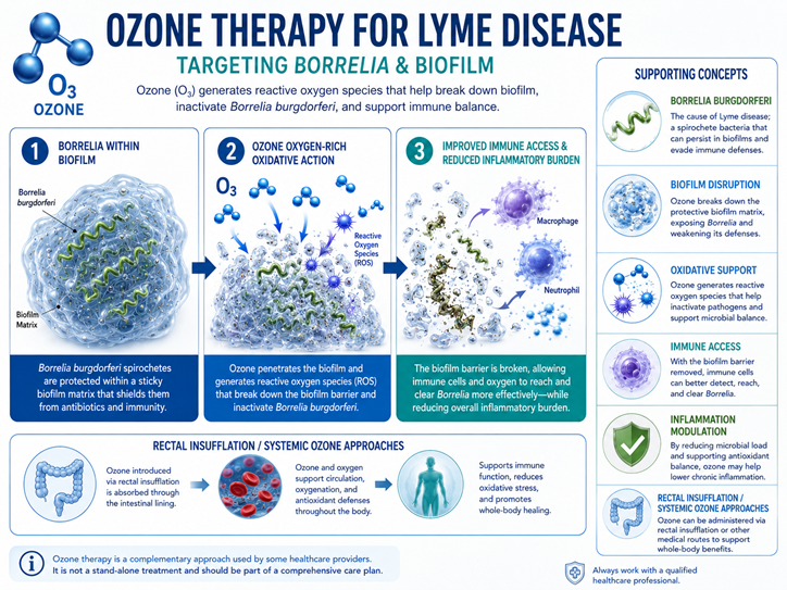 Ozone therapy for Lyme disease infographic showing ozone targeting Borrelia burgdorferi, biofilm disruption, oxidative support, immune access, inflammation modulation, and rectal insufflation as a systemic ozone approach.