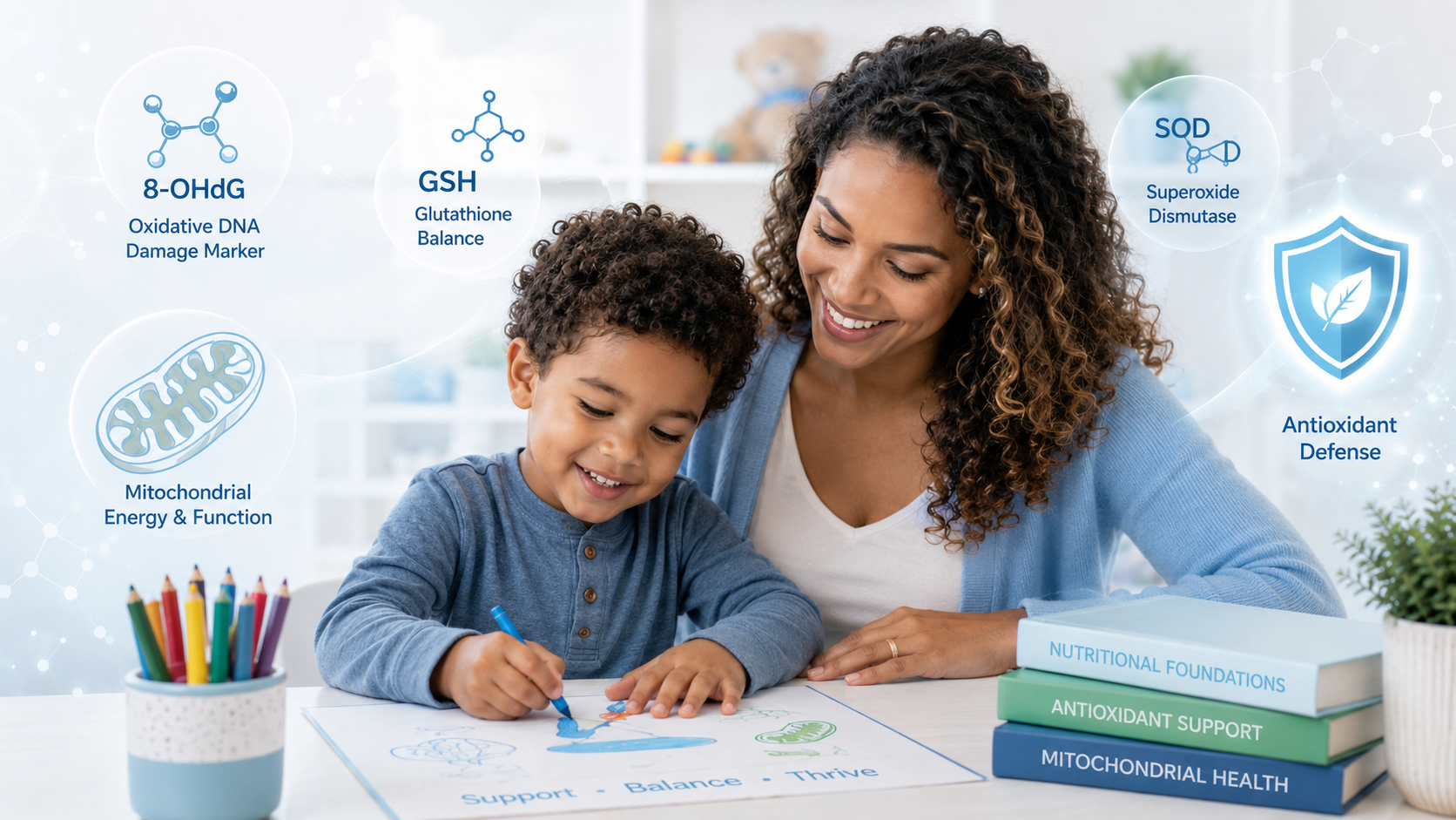 Parent and child learning together with oxidative stress, glutathione, SOD, mitochondrial energy, and antioxidant defense markers for pediatric neurodevelopment
