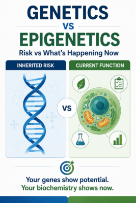 Genetics vs epigenetics infographic showing inherited DNA compared with environmental and biochemical influences on gene expression