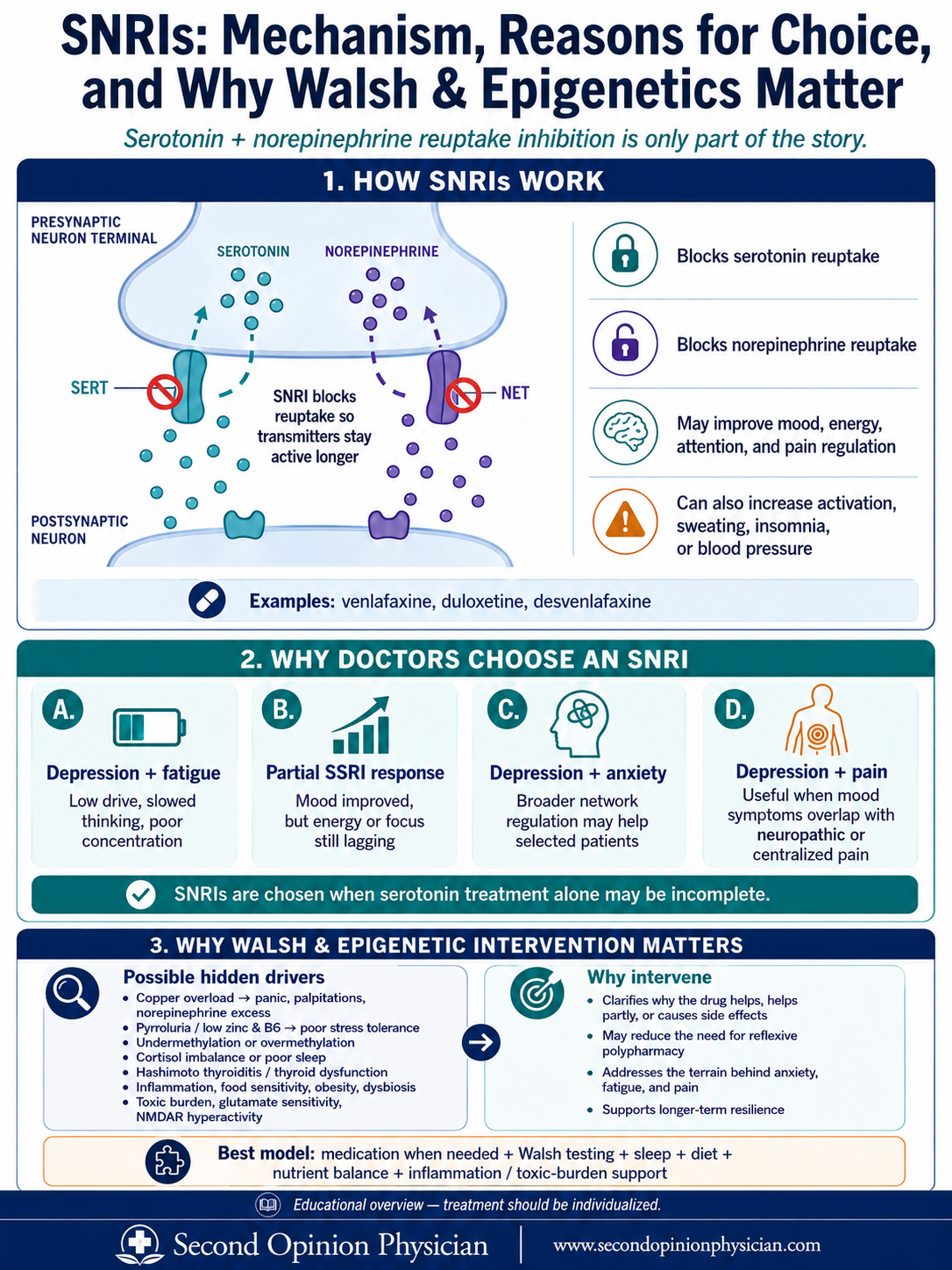 How SNRIs block serotonin and norepinephrine reuptake, why doctors prescribe them for anxiety, depression and pain, and how Walsh biochemical imbalances may affect response