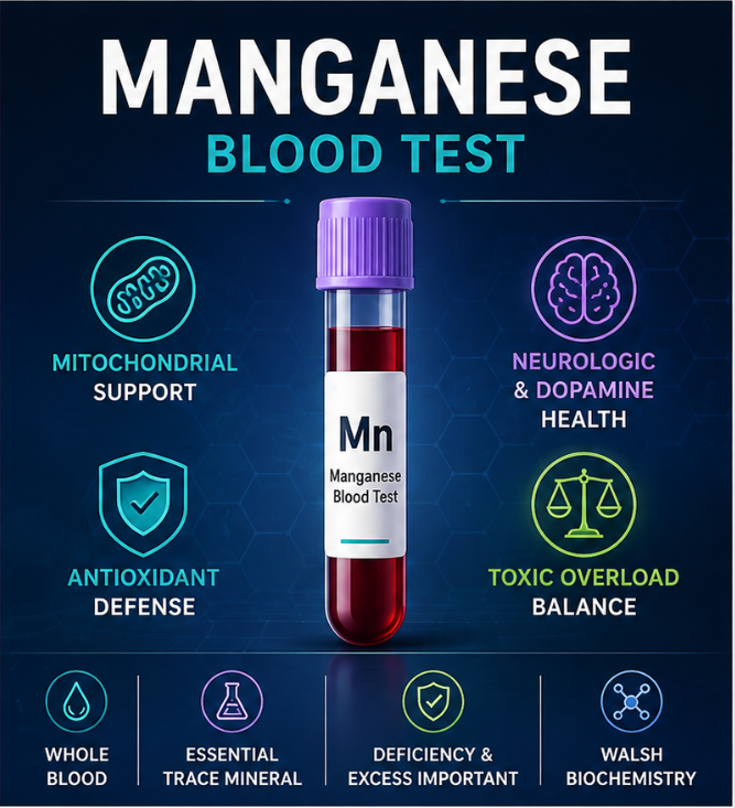 Manganese blood test for manganese levels, mitochondrial MnSOD antioxidant defense, neurologic function and toxic overload