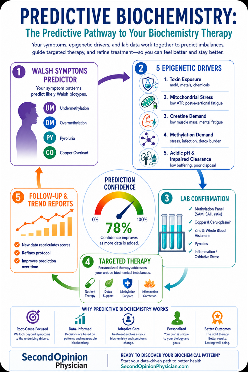 Predictive Biochemistry pathway showing Walsh symptom prediction, the five epigenetic drivers of undermethylation, laboratory confirmation, targeted therapy, treatment outcomes and follow-up refinement