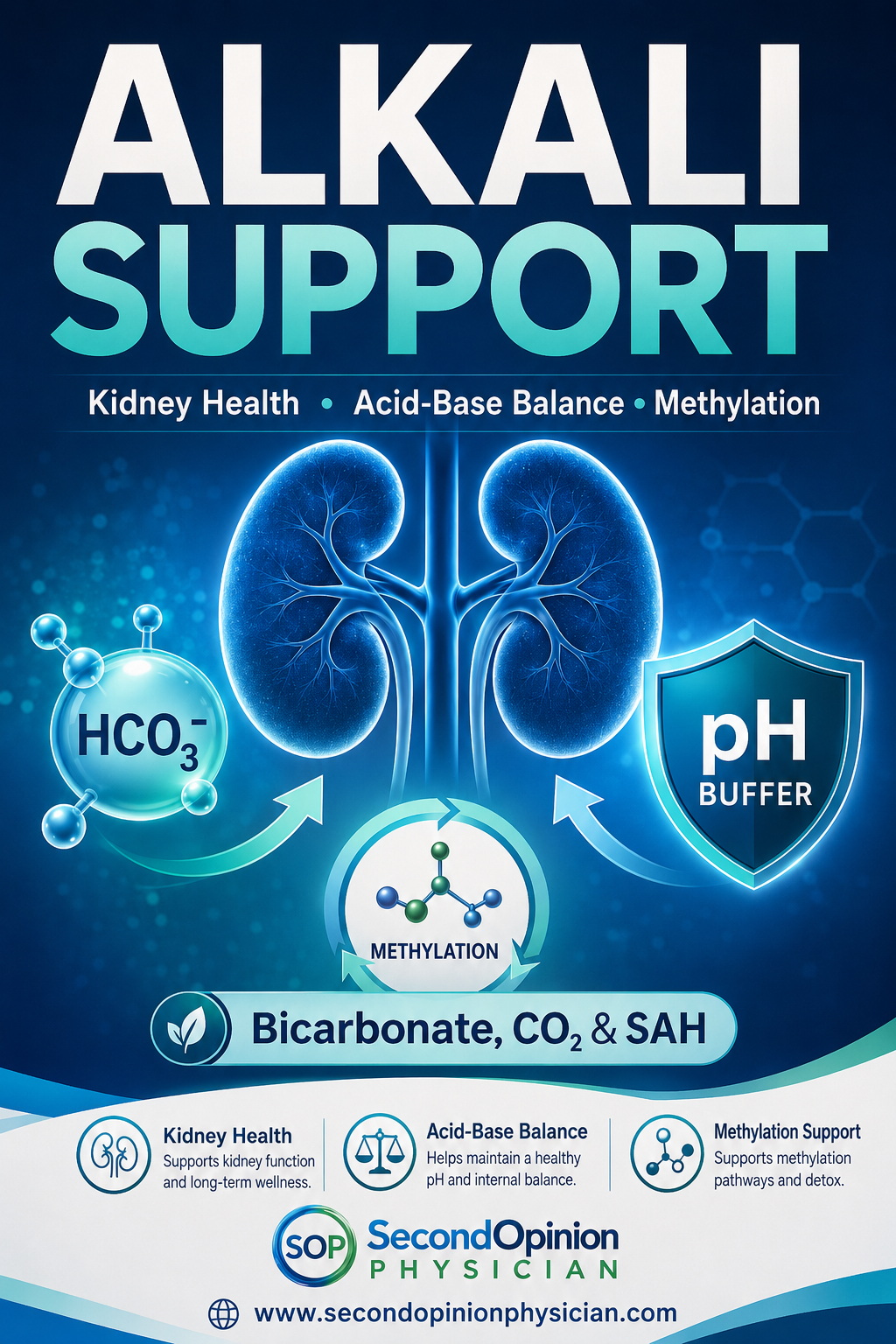 Alkali supplementation with sodium bicarbonate for chronic kidney disease, acid buffering, elevated SAH and methylation