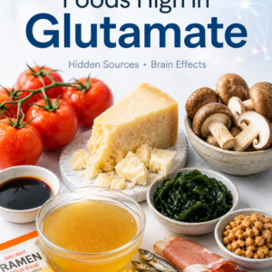 Foods high in glutamate including tomatoes aged cheese soy sauce mushrooms broth and processed foods