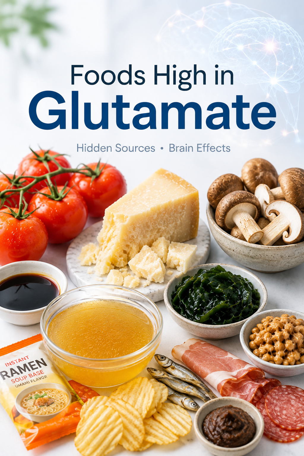 Foods high in glutamate including tomatoes aged cheese soy sauce mushrooms broth and processed foods