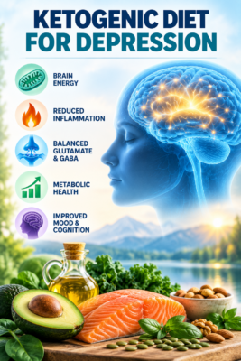 Ketogenic diet for depression showing ketones, mitochondria, brain energy, inflammation and mood