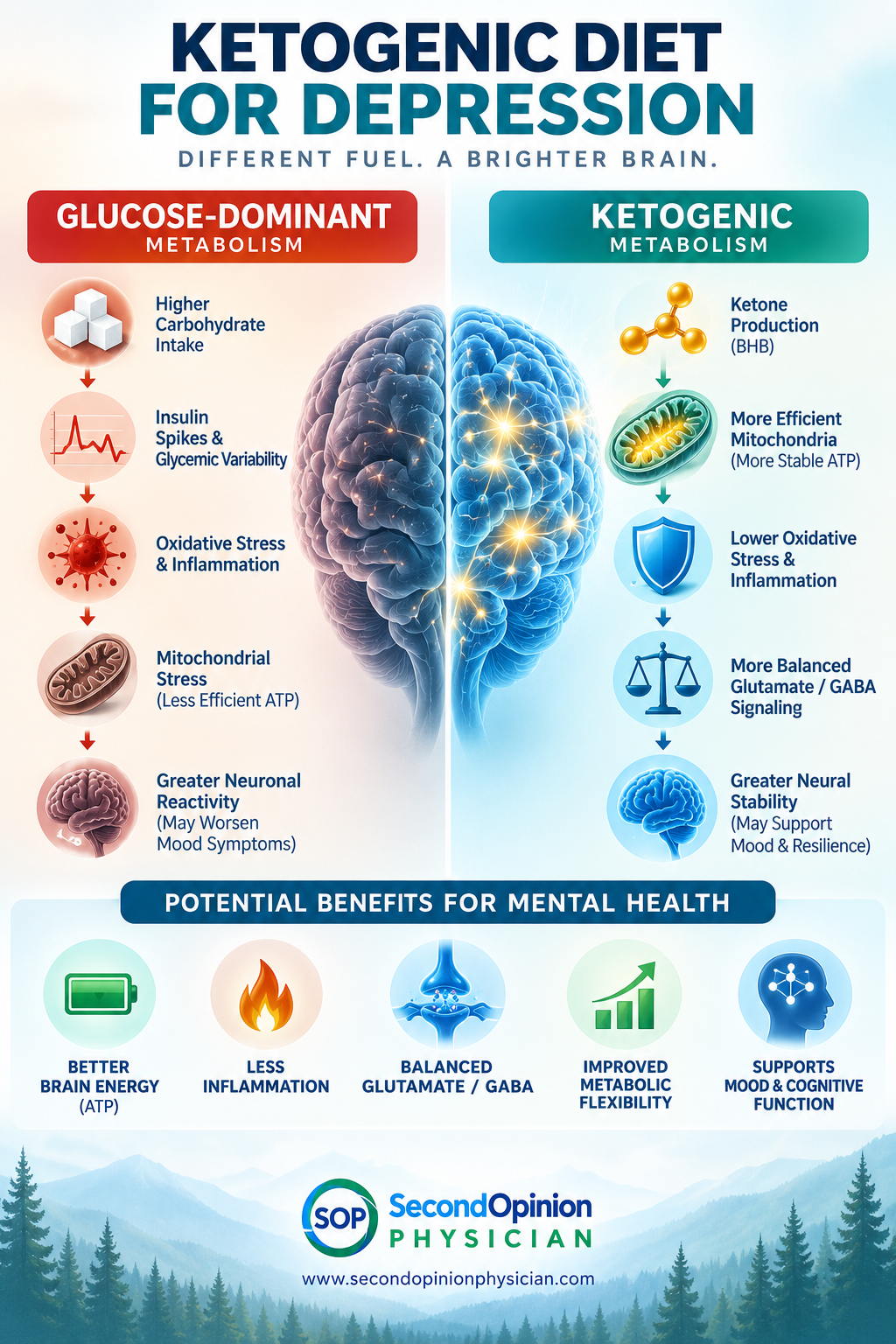 Ketogenic diet for depression infographic comparing glucose metabolism with ketone metabolism, brain energy, inflammation, glutamate and GABA balance, and metabolic health